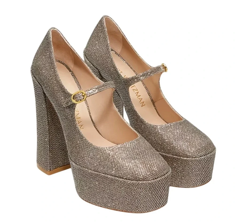 Stuart Weitzman Skyhigh 145 Mary Jane Platform Heels US 9.5 Beige Metallic NWOB
